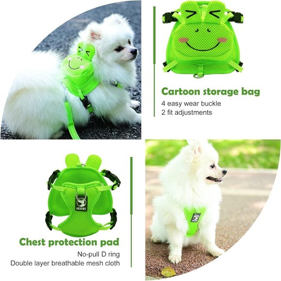 Cute Dog Harness with Cartoon Frog Backpack. Leash and Poop Bag Dispenser Set - Picture 2 of 5